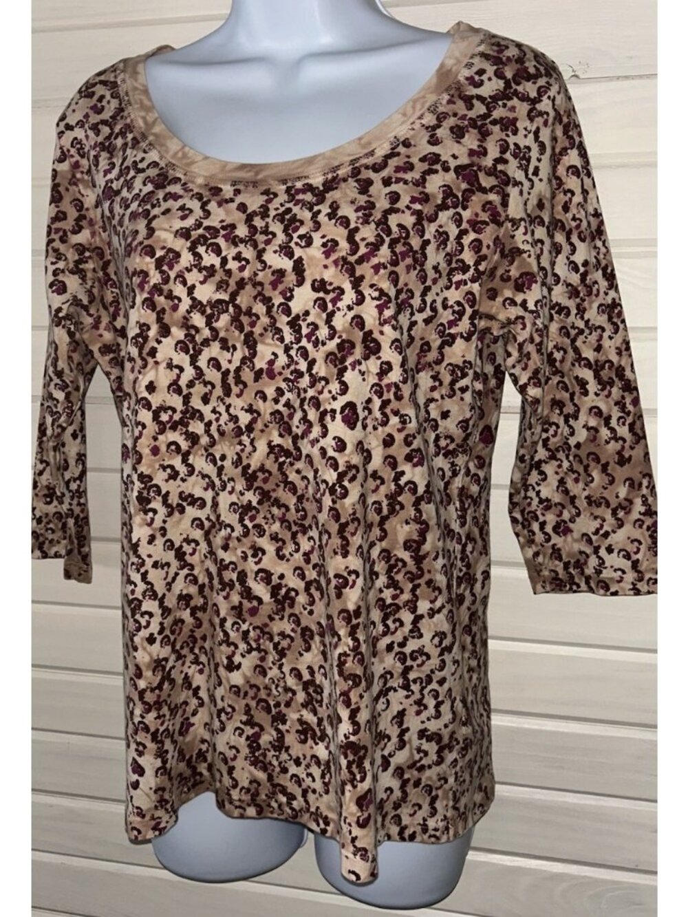 Glima Y2K Sz LARGE Scoop Neck T-Shirt Top Brown Burgundy Leopard USA Made EUC
